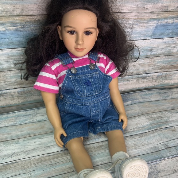 My Twinn Poseable Doll Brown Hair & Eyes Overalls Stripe Top Shoes - Picture 4 of 12